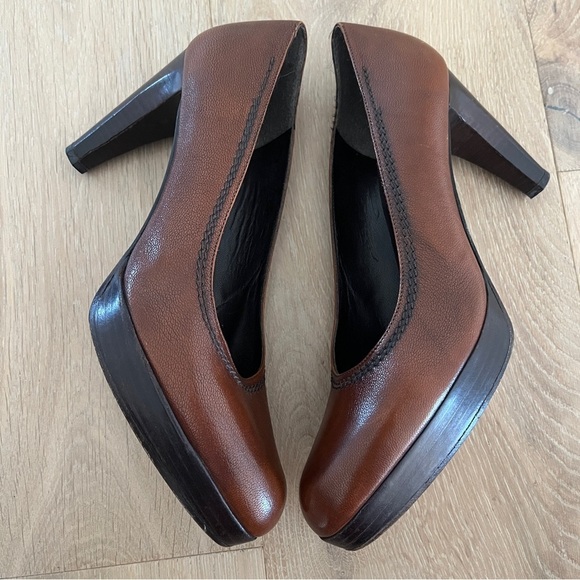 Stuart Weitzman  Brown leather platform heels with black stitching size 9,5 M - Picture 3 of 7